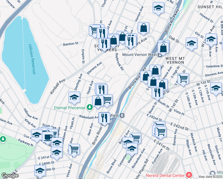 map of restaurants, bars, coffee shops, grocery stores, and more near 112 Hart Avenue in Yonkers