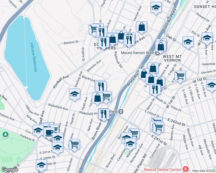 map of restaurants, bars, coffee shops, grocery stores, and more near 112 Hart Avenue in Yonkers