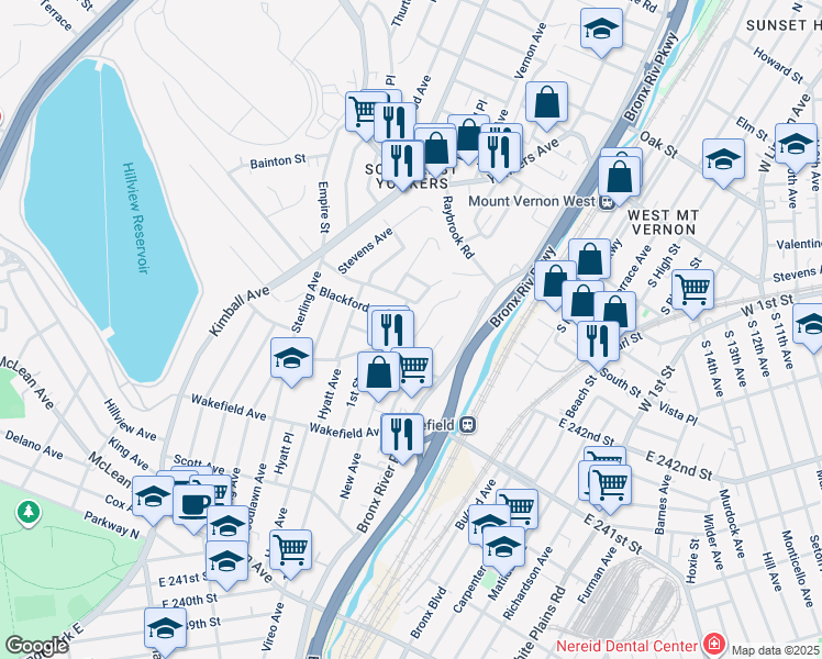 map of restaurants, bars, coffee shops, grocery stores, and more near 112 Hart Avenue in Yonkers