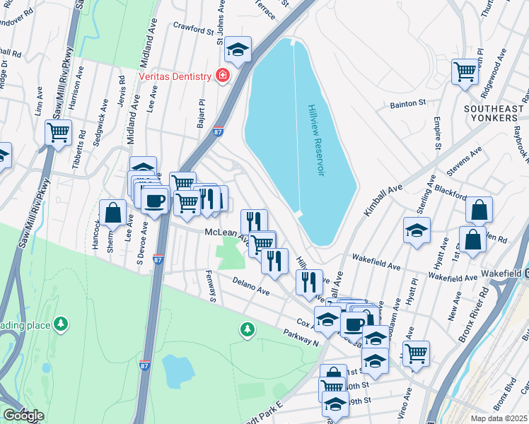 map of restaurants, bars, coffee shops, grocery stores, and more near 39 McCollum Place in Yonkers