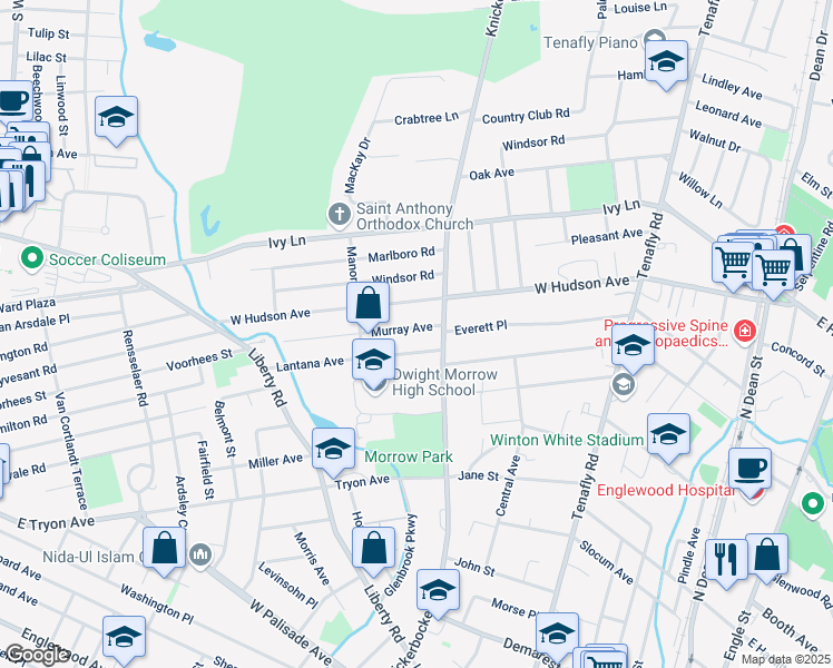 map of restaurants, bars, coffee shops, grocery stores, and more near 303 Murray Avenue in Englewood
