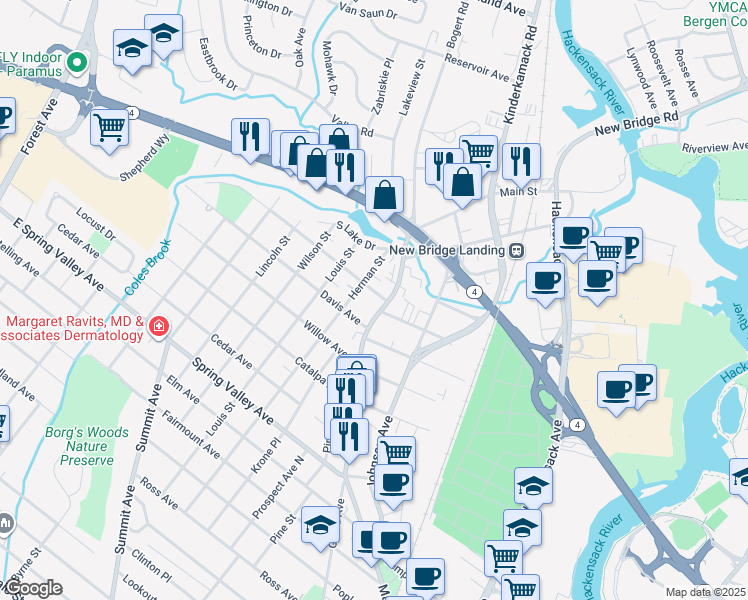 map of restaurants, bars, coffee shops, grocery stores, and more near 270 Herman Street in Hackensack