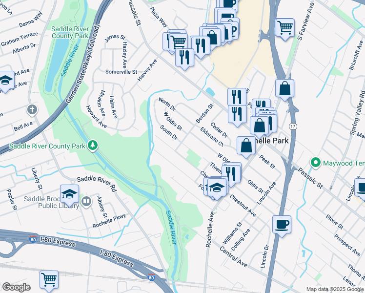 map of restaurants, bars, coffee shops, grocery stores, and more near in Rochelle Park