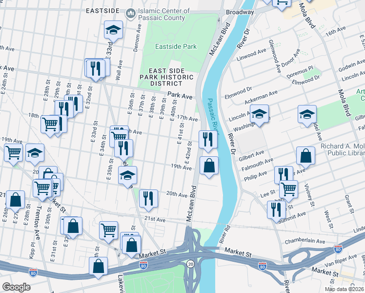 map of restaurants, bars, coffee shops, grocery stores, and more near 424 18th Avenue in Paterson