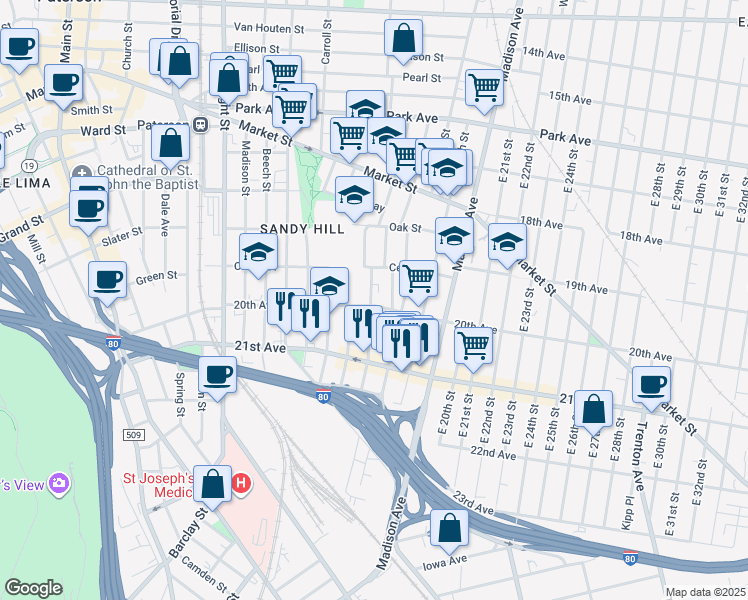 map of restaurants, bars, coffee shops, grocery stores, and more near 61 Martin Street in Paterson