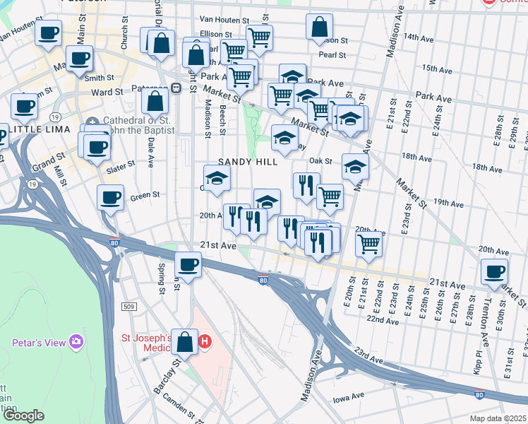 map of restaurants, bars, coffee shops, grocery stores, and more near 195 20th Avenue in Paterson