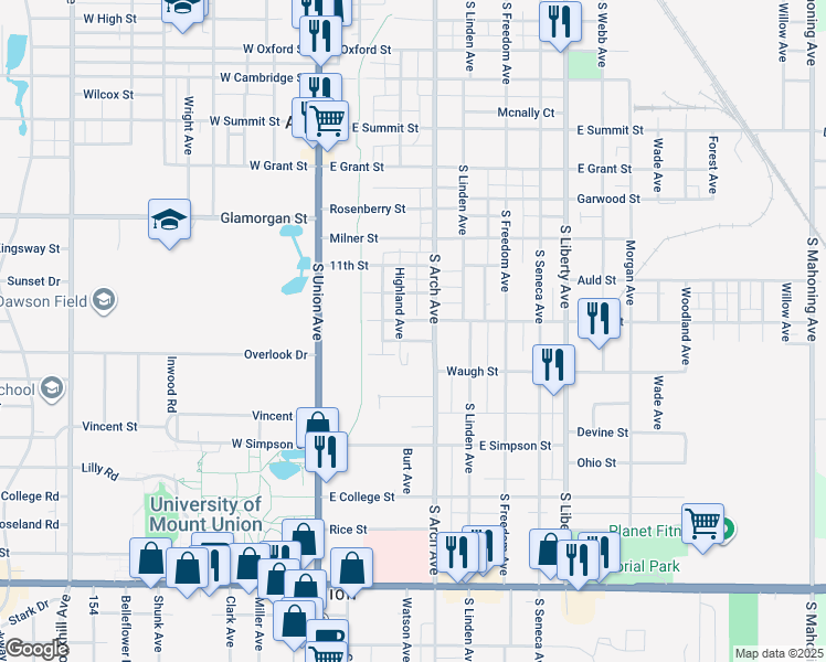 map of restaurants, bars, coffee shops, grocery stores, and more near 227 South Street in Alliance