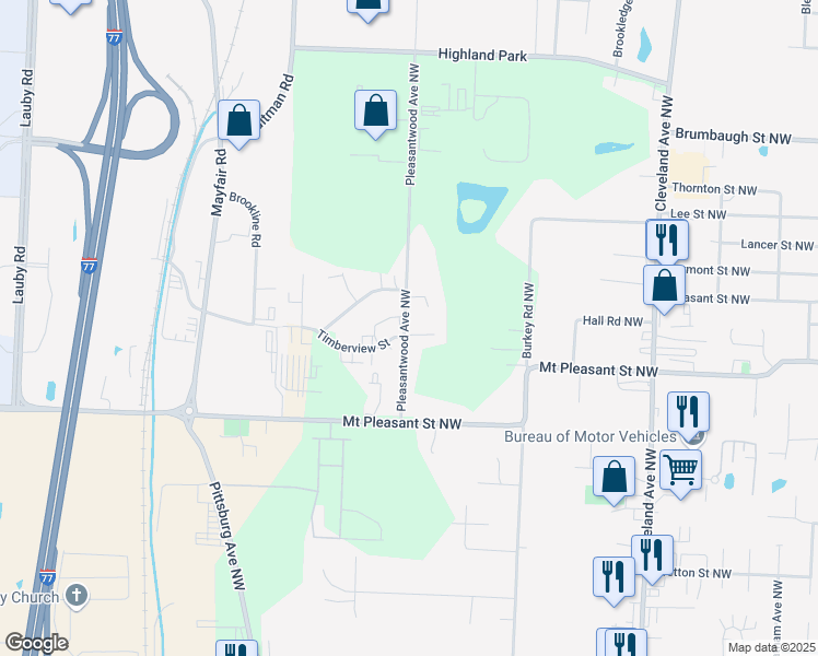 map of restaurants, bars, coffee shops, grocery stores, and more near 8591 Pleasantwood Avenue Northwest in North Canton