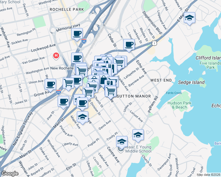 map of restaurants, bars, coffee shops, grocery stores, and more near 16 Locust Avenue in New Rochelle