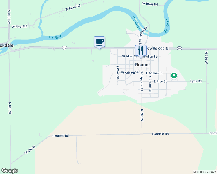 map of restaurants, bars, coffee shops, grocery stores, and more near 447 West Adams Street in Roann
