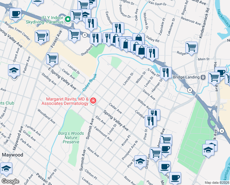 map of restaurants, bars, coffee shops, grocery stores, and more near 162 Catalpa Avenue in Hackensack