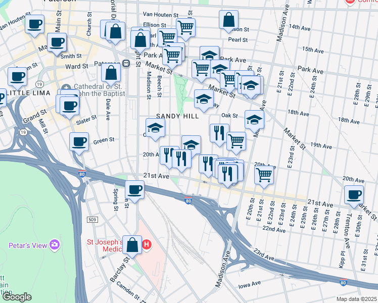 map of restaurants, bars, coffee shops, grocery stores, and more near 195 20th Avenue in Paterson