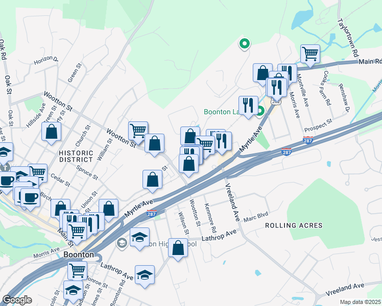 map of restaurants, bars, coffee shops, grocery stores, and more near 501 Division Street in Boonton