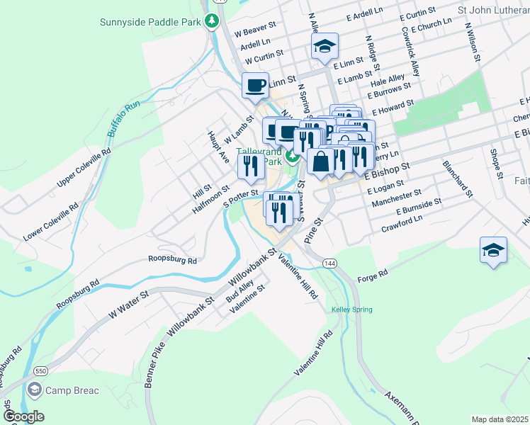 map of restaurants, bars, coffee shops, grocery stores, and more near 300-314 S Potter St in Bellefonte