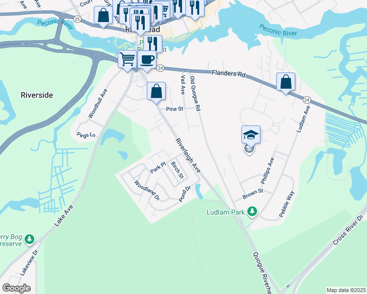 map of restaurants, bars, coffee shops, grocery stores, and more near 500 Riverleigh Avenue in Riverhead