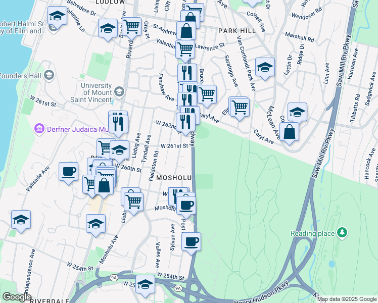 map of restaurants, bars, coffee shops, grocery stores, and more near 240 West 261st Street in Bronx