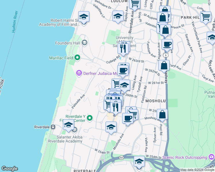 map of restaurants, bars, coffee shops, grocery stores, and more near 5900 Arlington Avenue in The Bronx
