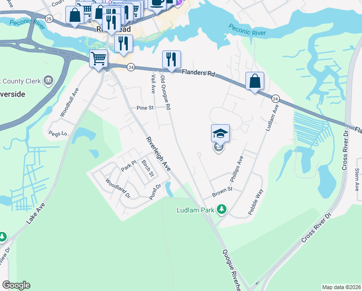 map of restaurants, bars, coffee shops, grocery stores, and more near 124 Old Quogue Road in Riverhead