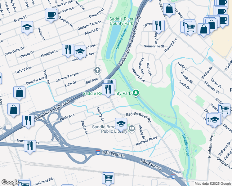 map of restaurants, bars, coffee shops, grocery stores, and more near 4 Dyer Place in Saddle Brook