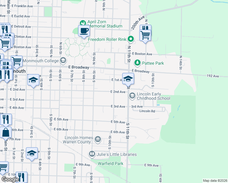 map of restaurants, bars, coffee shops, grocery stores, and more near 301 South 10th Street in Monmouth