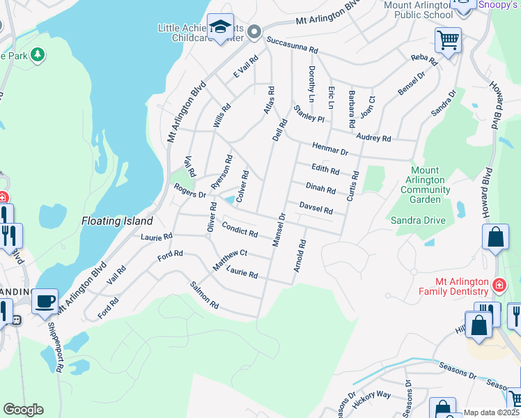map of restaurants, bars, coffee shops, grocery stores, and more near 502 Dell Road in Roxbury Township
