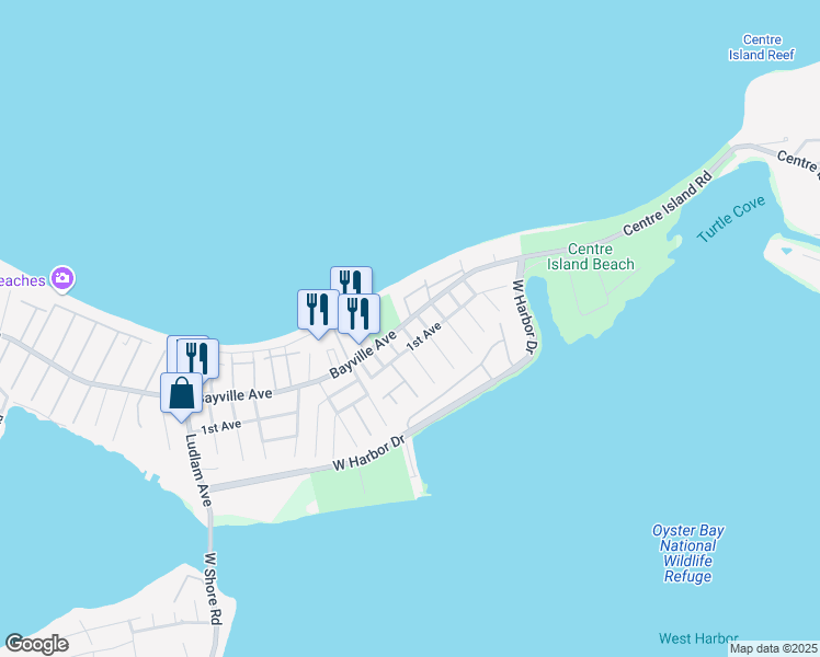 map of restaurants, bars, coffee shops, grocery stores, and more near 384 Bayville Avenue in Bayville