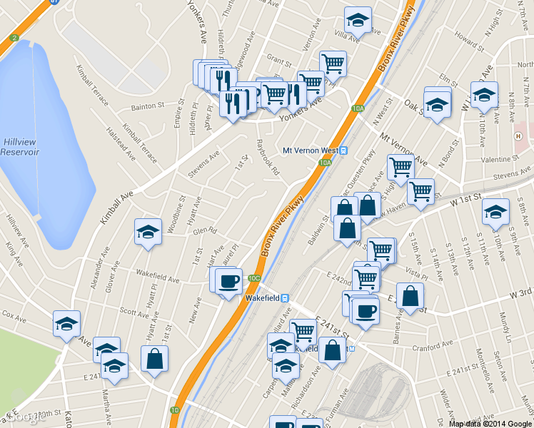 map of restaurants, bars, coffee shops, grocery stores, and more near 245 Bronx River Road in Yonkers