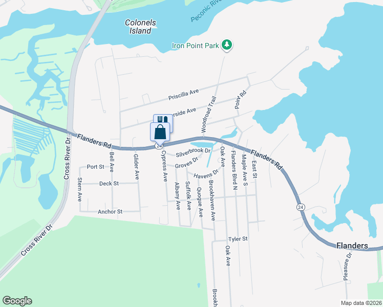 map of restaurants, bars, coffee shops, grocery stores, and more near 769 Flanders Road in Flanders