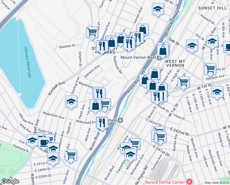 map of restaurants, bars, coffee shops, grocery stores, and more near 245 Bronx River Road in Yonkers