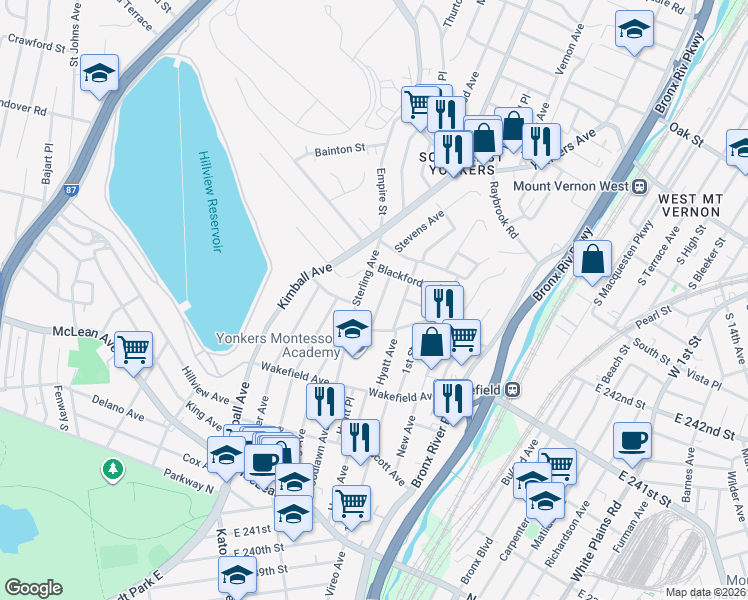 map of restaurants, bars, coffee shops, grocery stores, and more near 200 Sterling Avenue in Yonkers