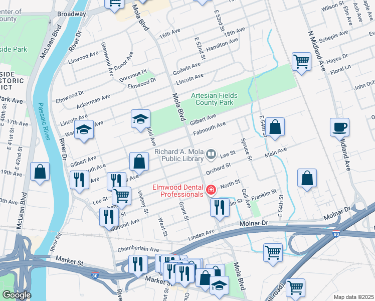 map of restaurants, bars, coffee shops, grocery stores, and more near 205 East Phillip Avenue in Elmwood Park