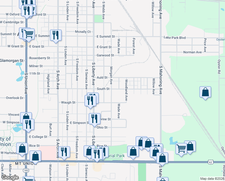 map of restaurants, bars, coffee shops, grocery stores, and more near 936 South Street in Alliance