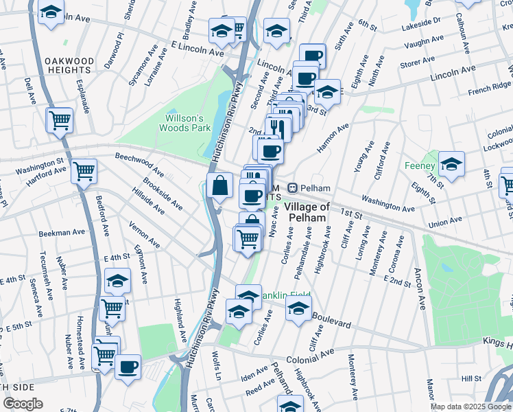map of restaurants, bars, coffee shops, grocery stores, and more near 111 Wolfs Lane in Village of Pelham