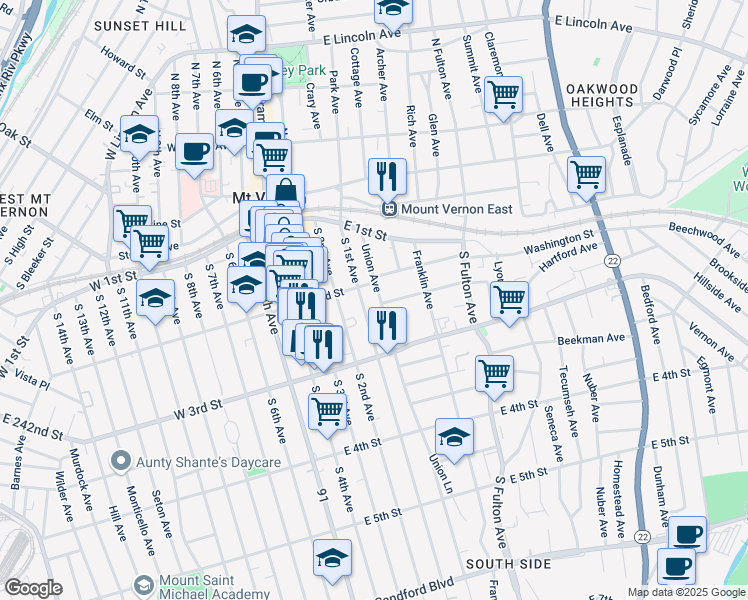 map of restaurants, bars, coffee shops, grocery stores, and more near in Mount Vernon