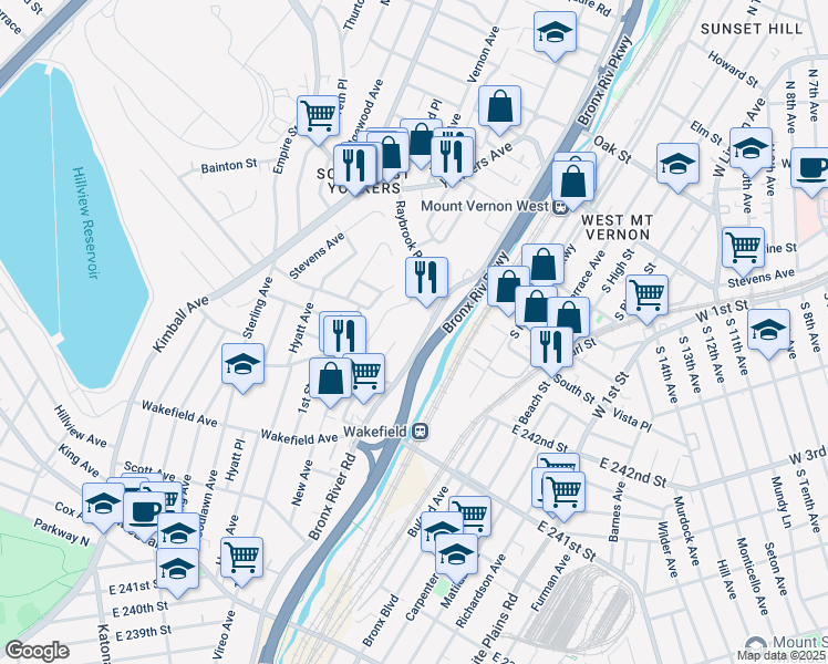map of restaurants, bars, coffee shops, grocery stores, and more near 245 Bronx River Road in Yonkers