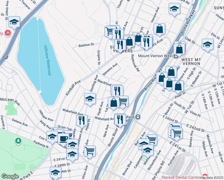 map of restaurants, bars, coffee shops, grocery stores, and more near 66 Blackford Avenue in Yonkers