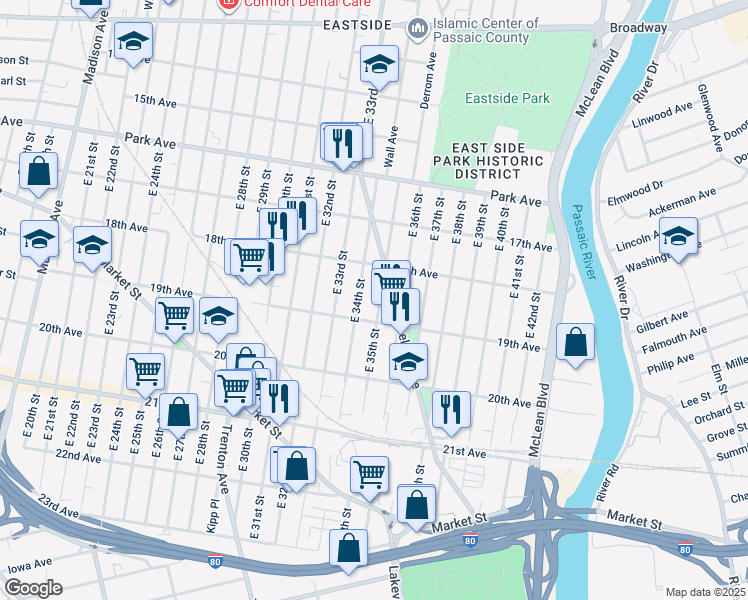 map of restaurants, bars, coffee shops, grocery stores, and more near 400 East 35th Street in Paterson