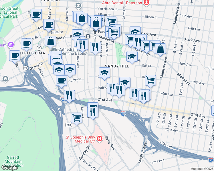 map of restaurants, bars, coffee shops, grocery stores, and more near 147 Beech Street in Paterson