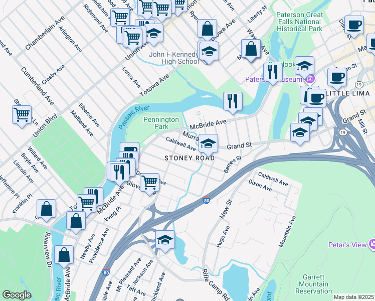 map of restaurants, bars, coffee shops, grocery stores, and more near 114 Caldwell Avenue in Paterson