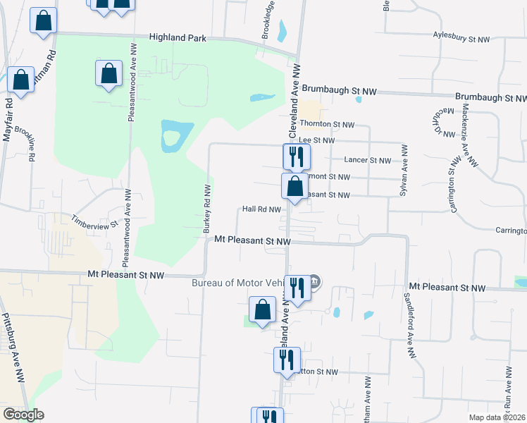 map of restaurants, bars, coffee shops, grocery stores, and more near 8529 Cleveland Avenue Northwest in North Canton