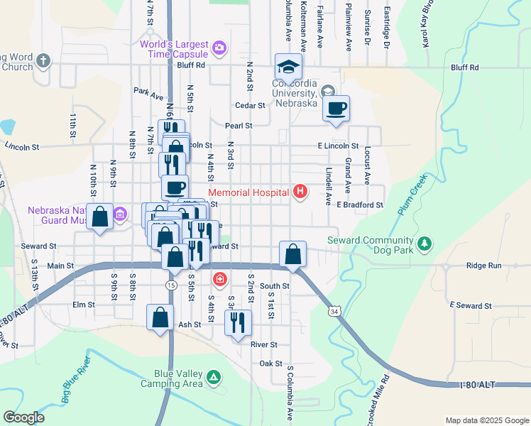 map of restaurants, bars, coffee shops, grocery stores, and more near 243 North 1st Street in Seward