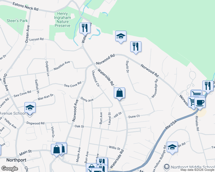 map of restaurants, bars, coffee shops, grocery stores, and more near 133 Waterside Road in Northport