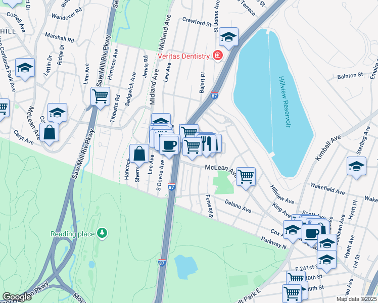 map of restaurants, bars, coffee shops, grocery stores, and more near 660 McLean Avenue in Yonkers