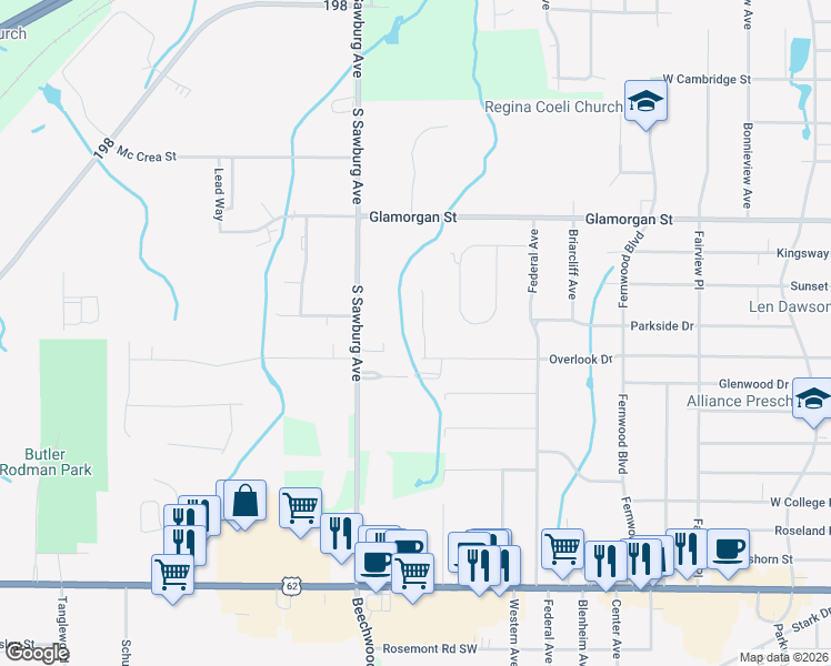 map of restaurants, bars, coffee shops, grocery stores, and more near 1210 Spring Ridge Circle in Alliance
