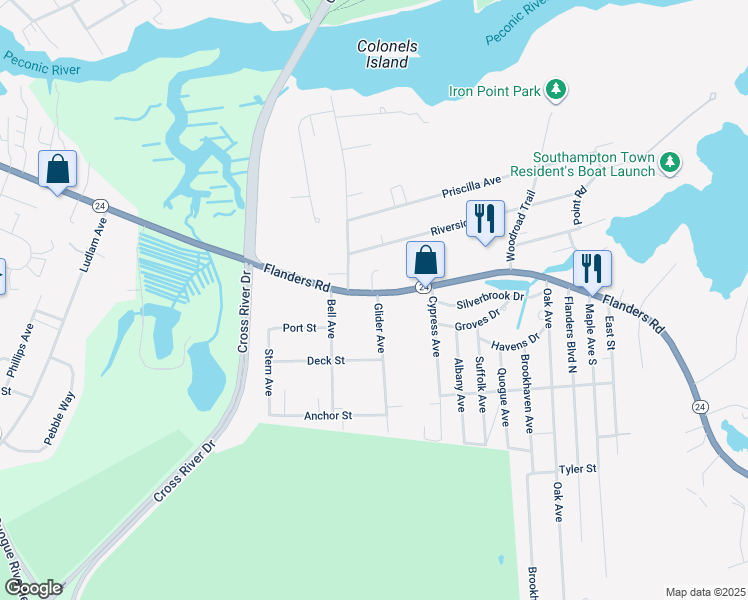 map of restaurants, bars, coffee shops, grocery stores, and more near 675 Flanders Road in Riverhead