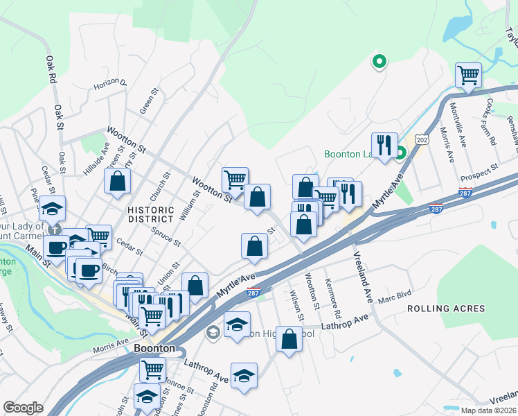 map of restaurants, bars, coffee shops, grocery stores, and more near 281 Wooton Street in Boonton