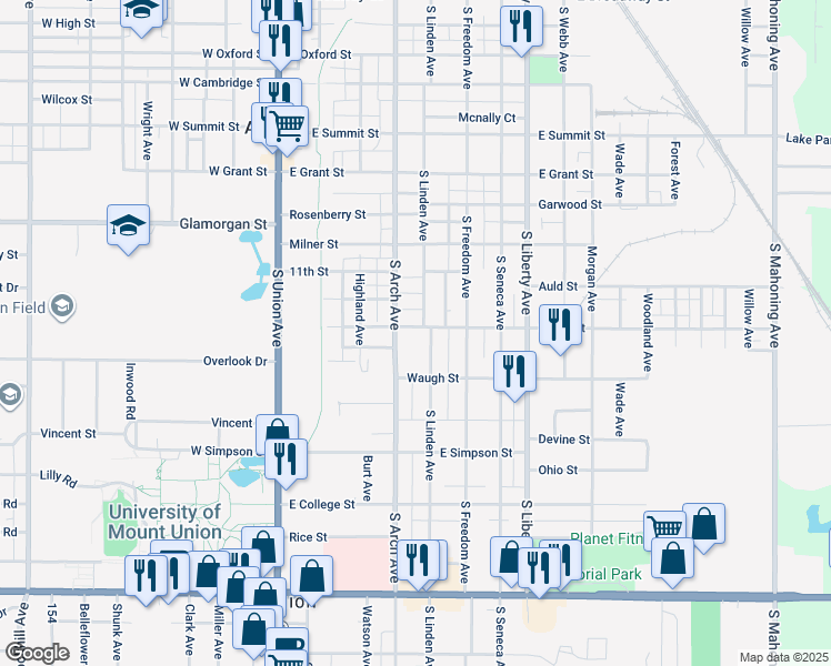 map of restaurants, bars, coffee shops, grocery stores, and more near 337 South Street in Alliance