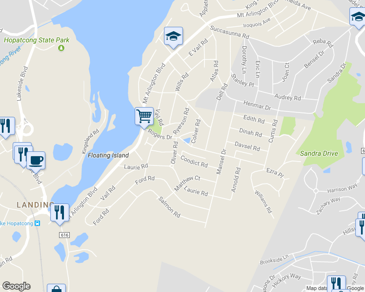 map of restaurants, bars, coffee shops, grocery stores, and more near 30 Rogers Drive in Roxbury Township