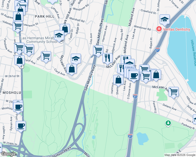 map of restaurants, bars, coffee shops, grocery stores, and more near 9 Valley Close in Yonkers