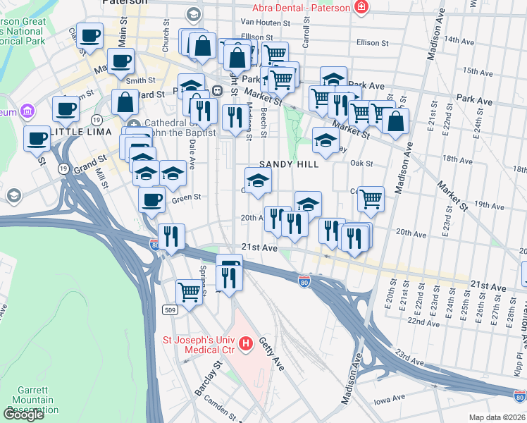map of restaurants, bars, coffee shops, grocery stores, and more near 147 Beech Street in Paterson